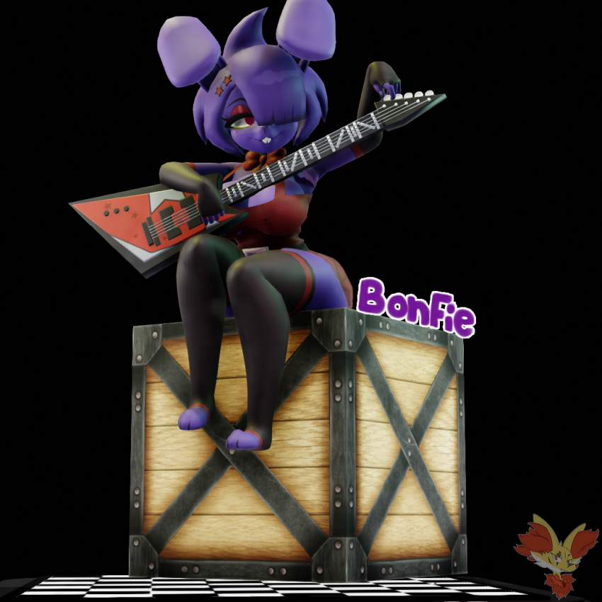 3d_(artwork) animatronic bonfie_(cryptiacurves) bonnie_(cally3d) bonnie_(fnaf) box breasts clothed clothing container cryptiacurves delphoxart digital_media_(artwork) electronics female figurine five_nights_at_freddy's five_nights_in_anime fredina's_nightclub guitar hair lagomorph leporid machine mammal mikumikudance musical_instrument plucked_string_instrument rabbit robot scott_cawthon scottgames simple_background smile solo string_instrument text