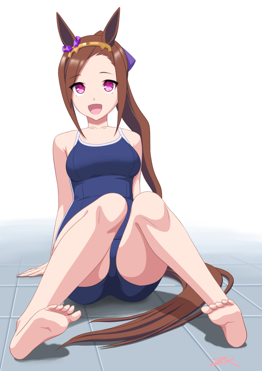 1girl animal_ears artist_name bare_shoulders barefoot blue_one-piece_swimsuit breasts commentary_request competition_school_swimsuit ear_ornament feet flower-shaped_pupils flower_in_eye gold_hairband hairband highres horse_ears horse_girl horse_tail knees_together_feet_apart knees_up legs looking_at_viewer medium_breasts one-piece_swimsuit open_mouth sakura_bakushin_o_(umamusume) school_swimsuit simple_background smile soles solo swimsuit symbol-shaped_pupils symbol_in_eye t2r tail toes tracen_swimsuit umamusume white_background