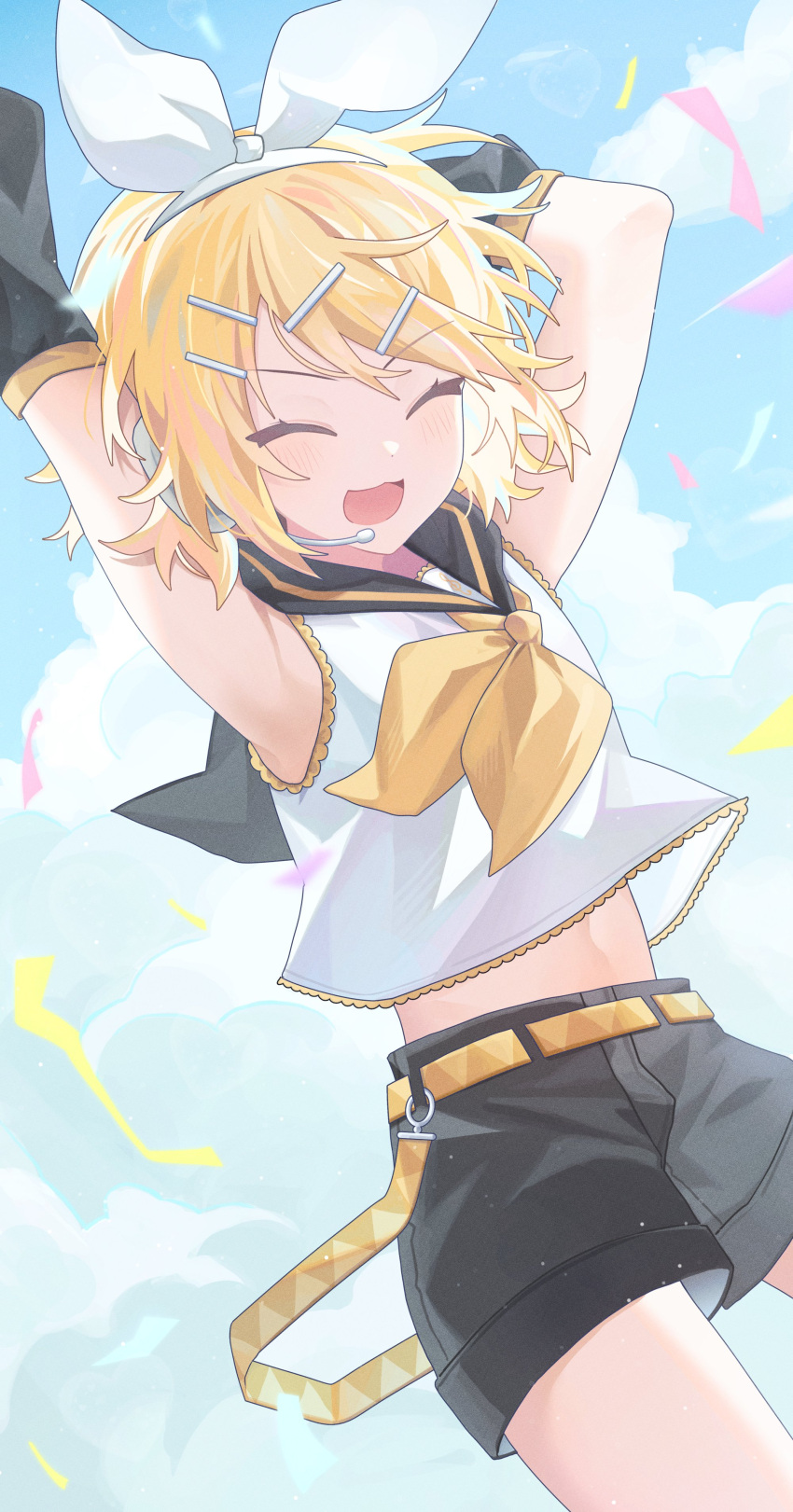 &gt;_&lt; 1girl :3 ^_^ absurdres anniversary bare_shoulders belt black_sailor_collar black_shorts black_sleeves blonde_hair blue_sky bow bow_headband closed_eyes cloud confetti crop_top detached_sleeves dutch_angle flat_chest hair_bow hair_ornament hairclip happy headband headphones headset highres kagamine_rin midriff navel neckerchief open_mouth project_sekai rika_(lxveyaq) sailor_collar shirt short_hair shorts sky sleeveless sleeveless_shirt smile solo vocaloid white_bow x3 yellow_belt yellow_neckerchief