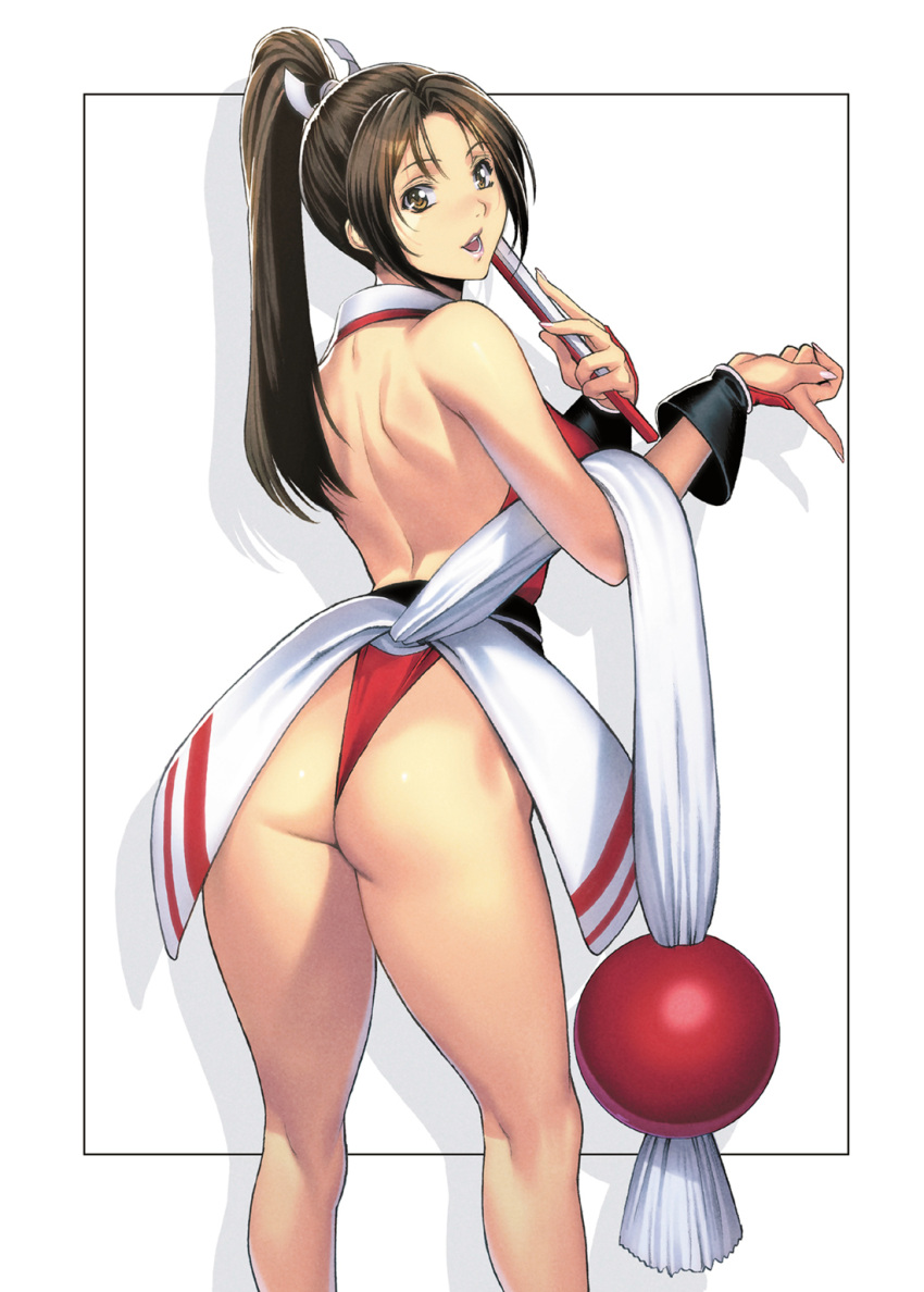 1girl ass back bare_shoulders bracer brown_hair fatal_fury folded_fan folding_fan hand_fan high_ponytail highres homare_(fool's_art) looking_at_viewer ninja open_mouth parted_bangs ponytail revealing_clothes shiranui_mai snk solo the_king_of_fighters thighs