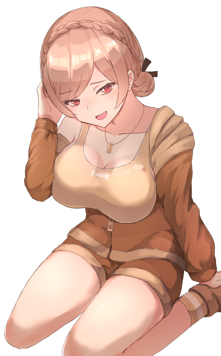 1girl black_ribbon bone_print braid breasts brown_hair brown_jacket brown_shorts brown_socks brown_sports_bra crown_braid dog_tags double_bun french_braid fur_jacket furen_e_lustario furen_e_lustario_(5th_costume) hair_bun hair_ribbon hand_on_own_head highres jacket jewelry large_breasts long_sleeves looking_at_viewer necklace nijisanji nyame_(jujs7258) open_mouth partially_unzipped red_eyes ribbon seiza short_shorts shorts simple_background single_bare_shoulder sitting smile socks solo sports_bra swept_bangs thighs virtual_youtuber white_background zipper_pull_tab