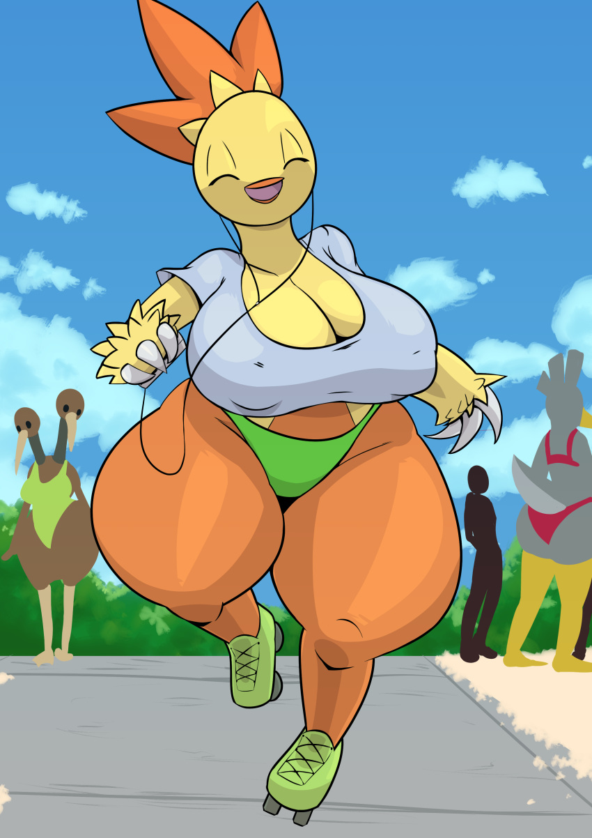 2_heads absurd_res anthro avian beak big_breasts big_butt bikini bikini_bottom bird breasts butt claws cleavage clothed clothing combusken crop_top curvy_figure detailed_background doduo earbuds eyes_closed farfetch'd feathers female female_focus front_view group headphones hi_res holding_object huge_breasts huge_hips huge_thighs midriff multi_head multicolored_body multicolored_feathers music_player nintendo nipple_outline non-mammal_breasts one-piece_swimsuit open_mouth open_smile orange_body orange_feathers outside plaga pok&eacute;mon pok&eacute;mon_(species) public quad_skates rollerskates shirt short_stack skating smile solo_focus swimwear thick_thighs topwear two_tone_body two_tone_feathers video_games voluptuous wide_hips yellow_body yellow_feathers