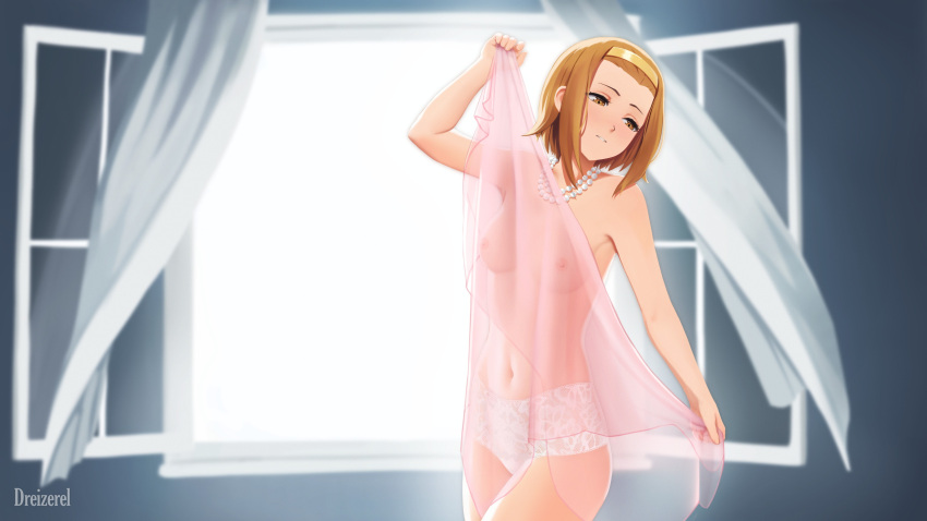 1girl absurdres artist_name breasts brown_eyes brown_hair commission curtains dreizerel hairband highres jewelry k-on! navel necklace nipples panties pearl_necklace short_hair small_breasts solo standing tainaka_ritsu topless underwear watermark white_panties window yellow_hairband