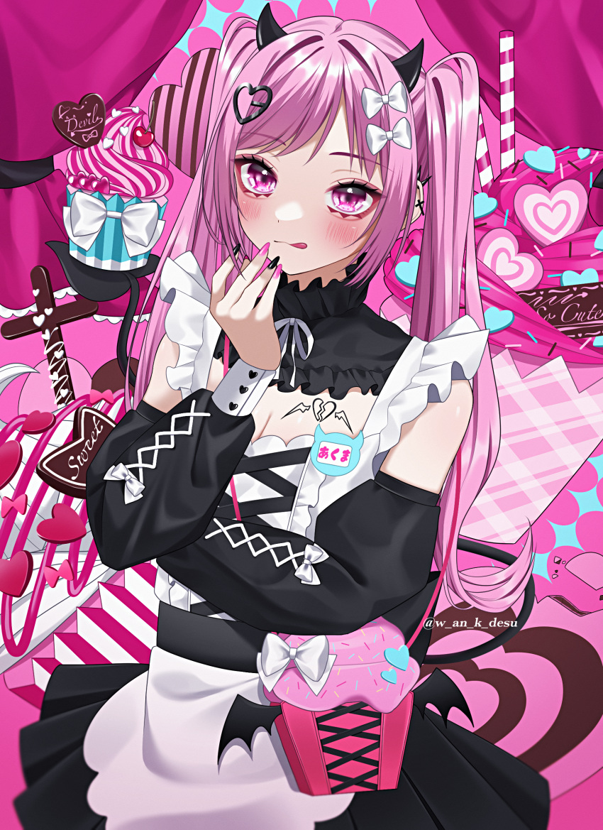 1girl absurdres apron bag bow chocolate cross cross-laced_clothes cross-laced_sleeves crossed_arms cupcake demon_girl demon_horns demon_tail detached_collar detached_sleeves dress food food-themed_bag frilled_shirt_collar frills hair_bow hair_ornament hand_on_own_chin heart heart_hair_ornament highres horns long_hair looking_at_viewer multicolored_nails multiple_piercings nail_polish neck_ribbon original pink_eyes pink_hair ribbon shoulder_bag smile solo tail tongue tongue_out twintails very_long_hair wafer_stick wanko_(yurika0320)