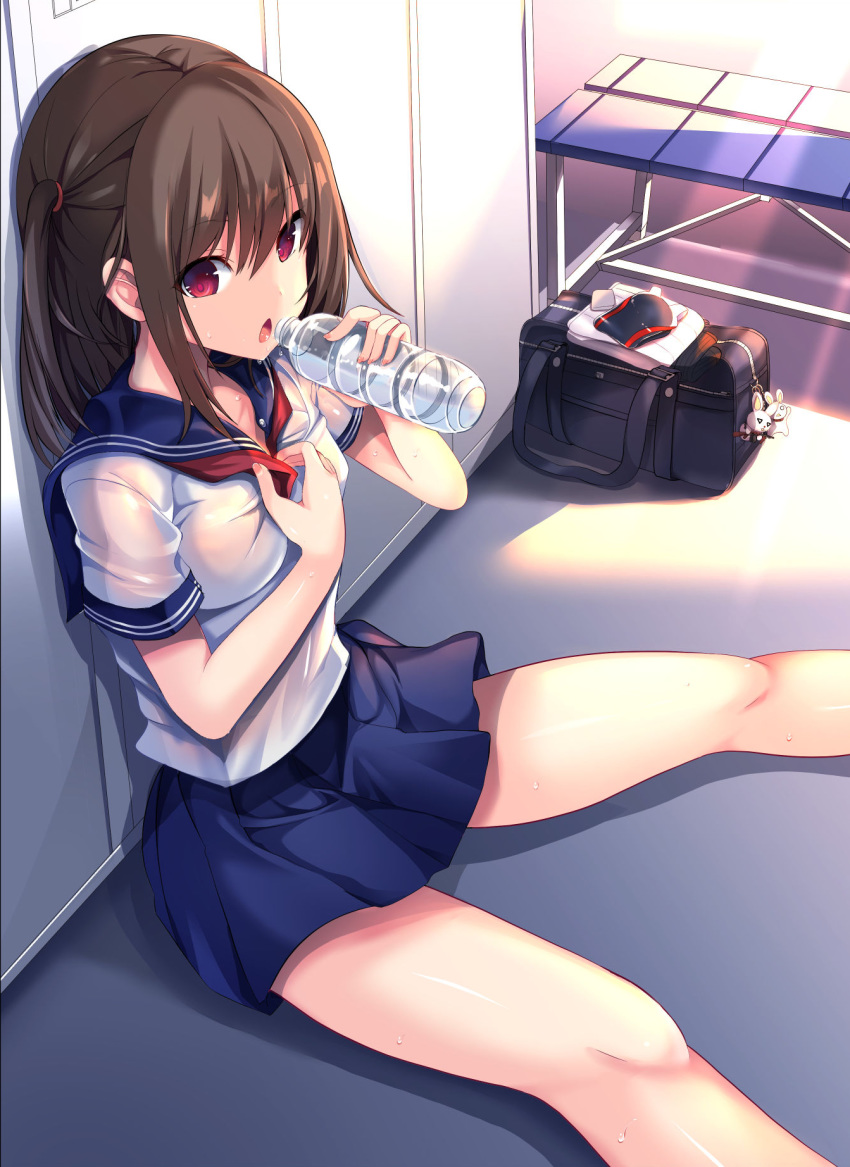 1girl bag bag_charm bangs bare_legs bench blue_skirt bottle breasts brown_hair charm_(object) collarbone commentary_request drinking eyebrows_visible_through_hair floor folded_clothes hair_ornament highres hot indoors locker medium_breasts medium_hair open_mouth original pleated_skirt red_eyes red_neckwear sailor_collar school_bag school_uniform serafuku shirt short_sleeves sidelocks sitting sitting_on_ground skirt solo spread_legs sumisuzu sunlight sweat thighs water water_bottle white_shirt