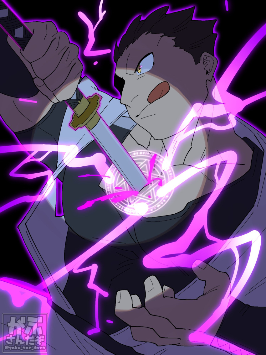 1boy :q bara character_request drawing_sword electricity from_side fullmetal_alchemist gabu_(gabu_san_dazo) highres holding holding_sword holding_weapon human_scabbard large_pectorals magic_circle male_focus muscular muscular_male partially_shaded_face pectoral_cleavage pectorals purple_lightning short_hair solo sword sword_between_pectorals tongue tongue_out upper_body weapon