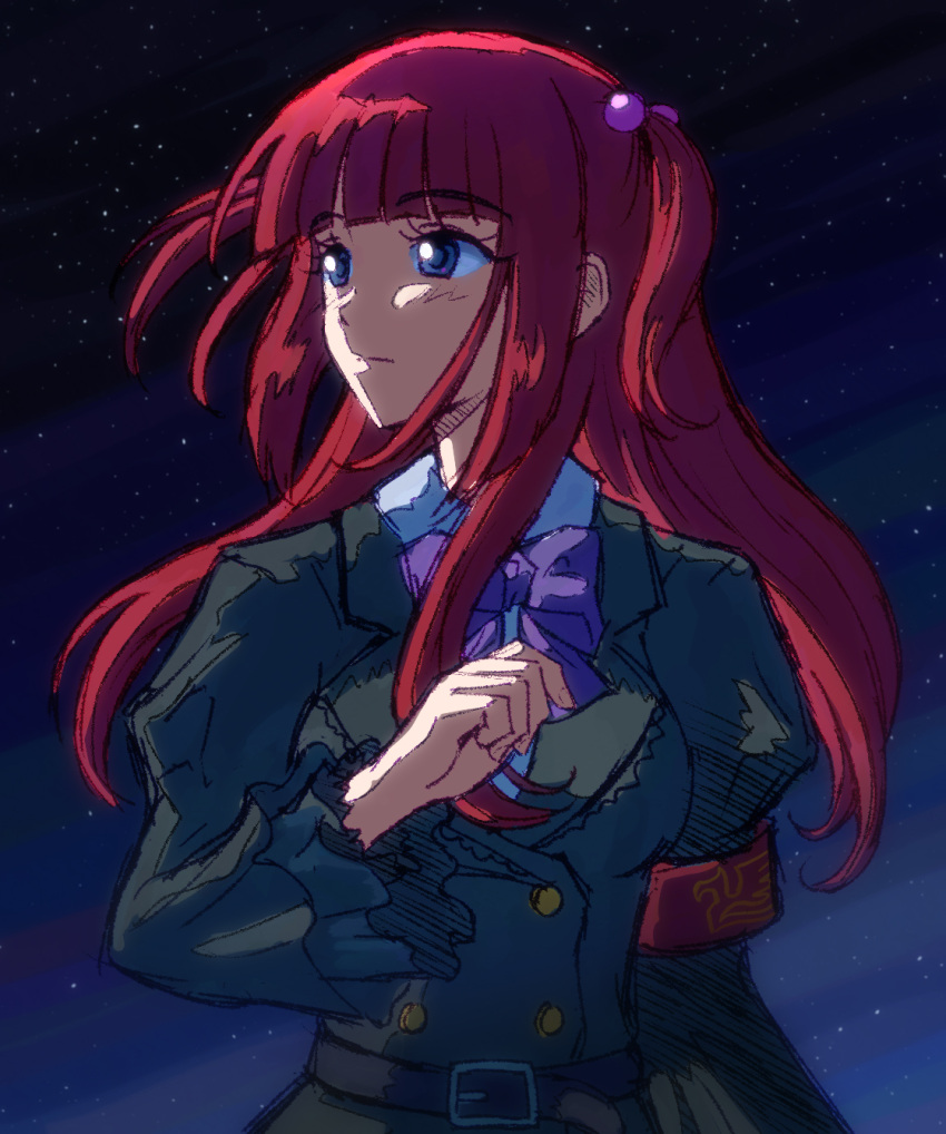 1girl armband belt belt_buckle black_belt black_jacket blue_eyes blue_pupils blunt_bangs bow bowtie breasts buckle buttons closed_mouth hair_bobbles hair_ornament highres jacket juliet_sleeves long_hair long_sleeves medium_breasts night night_sky outdoors puffy_sleeves purple_bow purple_bowtie red_armband red_hair shirt sky solo star_(sky) starry_sky two_side_up umineko_no_naku_koro_ni ushiromiya_ange white_shirt zawabug