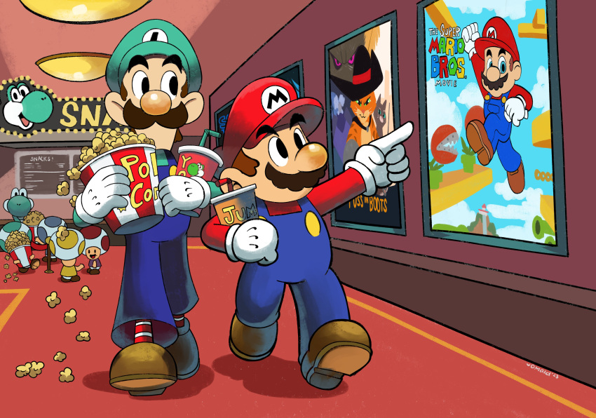 6+boys absurdres blue_eyes blue_overalls blue_toad_(mario) boots brothers brown_footwear brown_hair domestic_maid drink drinking_straw facial_hair food gloves green_headwear green_shirt green_toad_(mario) hat highres holding holding_drink holding_food indoors luigi male_focus mario mario_&amp;_luigi_rpg mario_(series) movie_poster movie_theater multiple_boys mustache overalls pointing popcorn red_carpet red_headwear red_shirt red_socks red_toad_(mario) shirt short_hair siblings socks striped striped_socks the_super_mario_bros._movie toad_(mario) two-tone_socks walking white_gloves white_socks yellow_toad_(mario) yoshi