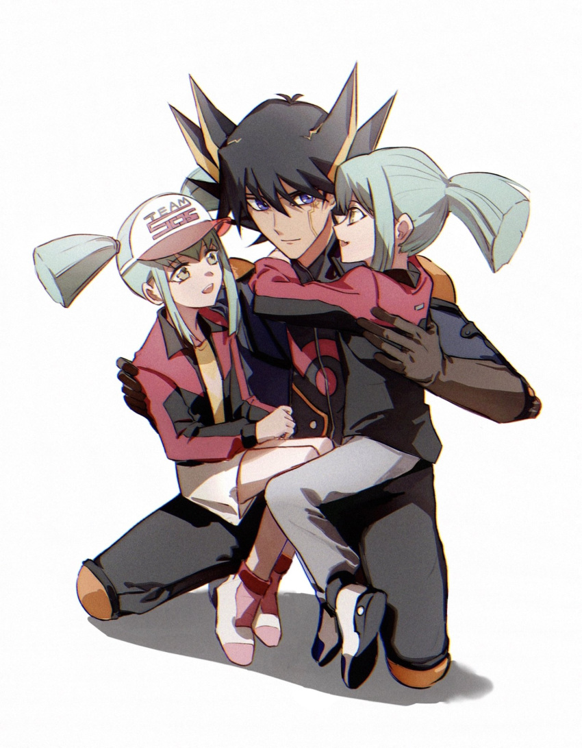 1girl 2boys age_difference alternate_costume arms_around_neck black_hair black_pants blue_eyes blue_jacket brown_gloves collared_jacket commentary elbow_gloves facial_mark facial_tattoo fudou_yuusei gloves green_eyes green_hair grey_pants hand_on_another's_back hand_on_another's_shoulder hands_on_lap happy hat high_collar highres hug jacket knee_pads kneeling light_smile male_focus multicolored_hair multiple_boys naoki_(2rzmcaizerails6) on_lap open_clothes open_jacket open_mouth pants pink_footwear red_headwear red_jacket shadow shirt shoes short_hair short_twintails shorts shoulder_pads siblings simple_background sitting sitting_on_lap sitting_on_person smile spiked_hair streaked_hair tattoo twins twintails white_background white_footwear white_shorts yellow_shirt yu-gi-oh! yu-gi-oh!_5d's