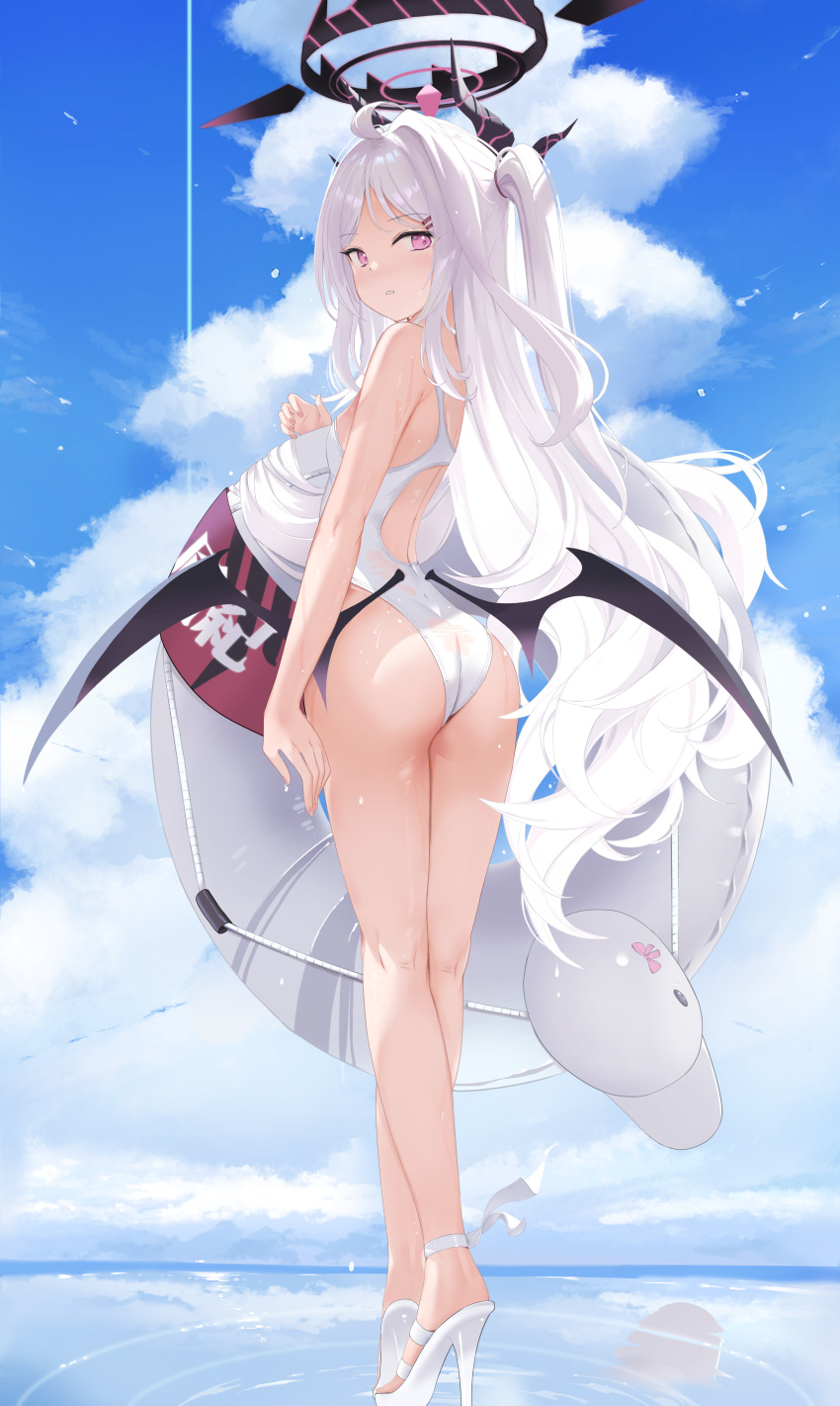 1girl absurdres ahoge alternate_costume ass back_cutout blue_archive blue_sky blush clothing_cutout cloud commentary demon_horns demon_wings grey_hair halo high_heels highres hina_(blue_archive) holding holding_innertube horns innertube kneepits long_hair looking_at_viewer looking_back namelessdays one-piece_swimsuit one_side_up outdoors pink_eyes sky solo swimsuit very_long_hair white_footwear white_one-piece_swimsuit wings