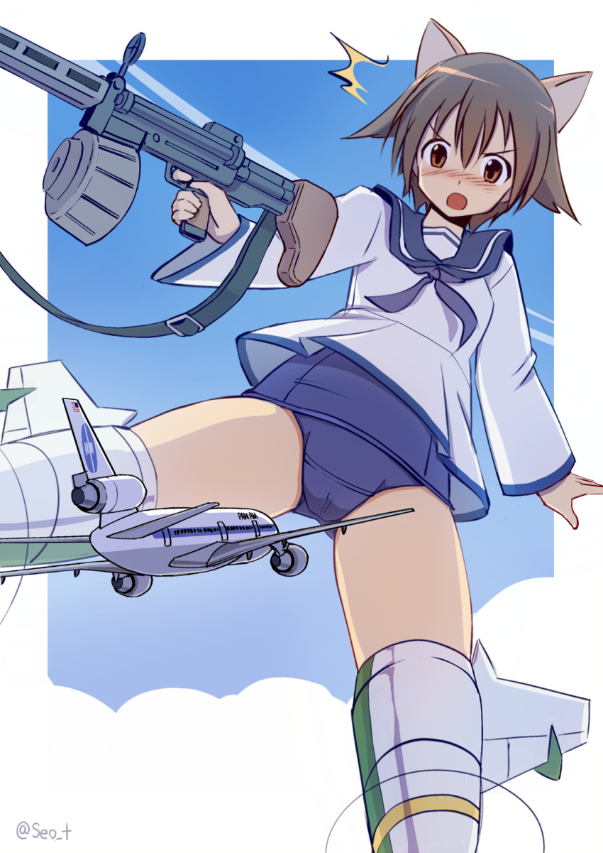 1girl aircraft airplane animal_ears blush brown_eyes brown_hair dc-10 embarrassed giantess highres miyafuji_yoshika nose_blush open_mouth pan_american_world_airways sailor school_swimsuit seo_tatsuya short_hair solo strike_witches striker_unit surprised swimsuit twitter type_99_cannon world_witches_series