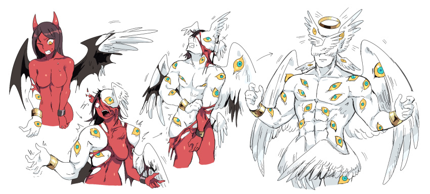 5_fingers abs angel breasts demon demon_humanoid feathered_wings feathers female fingers ftm_transformation gender_transformation hi_res horn horned_humanoid humanoid male mopan multi_eye muscular muscular_humanoid muscular_male not_furry one_eye_closed pecs red_body red_skin solo transformation white_body white_feathers winged_humanoid wings