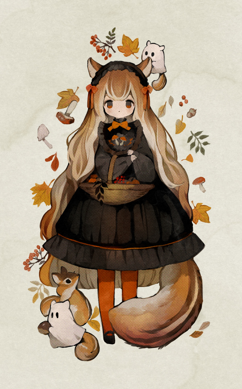 1girl :&lt; animal animal_ears autumn autumn_leaves basket black_dress black_footwear black_hairband blunt_ends bow bowtie brown_eyes chestnut closed_mouth clothed_animal commentary_request dress food frilled_hairband frilled_shirt_collar frills fruit full_body ghost_costume hairband hands_up highres holding holding_basket leaf long_hair long_sleeves looking_at_viewer mary_janes mushroom orange_bow orange_bowtie orange_pantyhose original pantyhose puffy_long_sleeves puffy_sleeves sakutake_(ue3sayu) shoes solo squirrel squirrel_ears squirrel_girl squirrel_tail standing straight-on tail very_long_hair