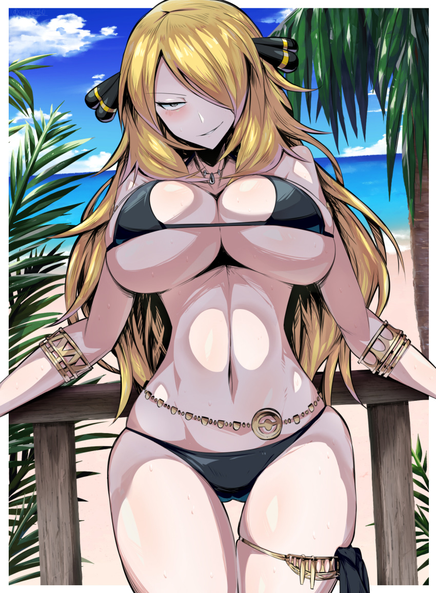 1girl beach belly_chain bikini black_bikini black_eyes blonde_hair blue_sky blush bracelet breasts cleavage cloud gold_bracelet hair_over_one_eye highres jewelry large_breasts long_hair looking_at_viewer naughty_face necklace palm_tree pokemon pokemon_(game) pokemon_dppt railing shade shimure_(460) shirona_(pokemon) sky smile smirk swimsuit thighlet tree