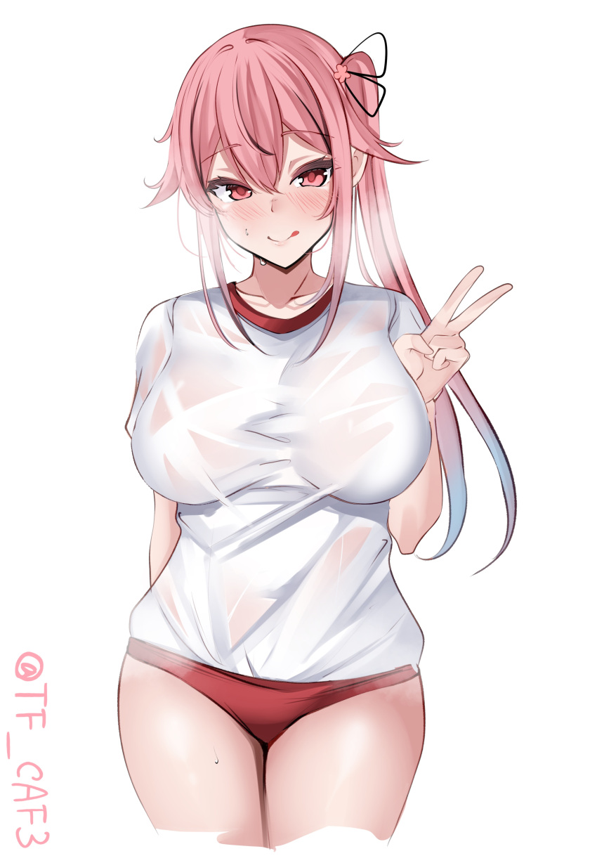 1girl :d absurdres alternate_breast_size blue_hair blush breasts buruma gradient_hair gym_shirt gym_uniform hair_ornament hair_ribbon harusame_(kancolle) highres kantai_collection large_breasts long_hair looking_at_viewer multicolored_hair pink_hair red_buruma red_eyes ribbon shirt short_sleeves side_ponytail smile solo tf_cafe twitter_username v white_background white_shirt