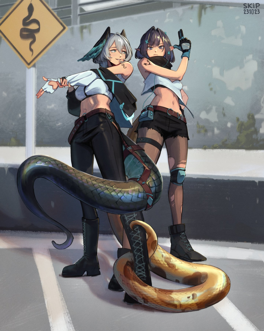 2girls arknights black_footwear black_gloves black_hair black_pants black_pantyhose black_shorts blue_eyes boots breasts cropped_shirt dated eunectes_(arknights) finger_gun gloves grey_hair hair_between_eyes hair_ornament head_wings highres ho'olheyak_(arknights) looking_at_another looking_at_viewer making-of_available midriff multiple_girls navel outdoors pants pantyhose pointy_ears rhine_lab_logo shirt short_hair shorts shoulder_tattoo sign ski.ip small_breasts snake_tail tail tail_around_another's_leg tattoo torn_clothes torn_pantyhose white_gloves white_shirt wings