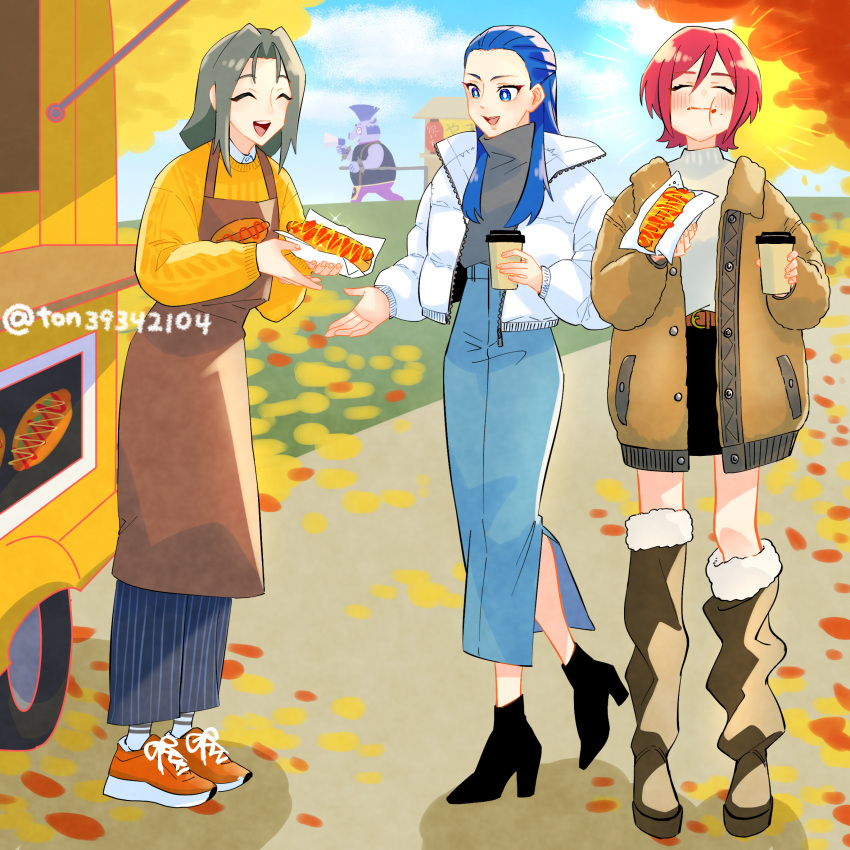 2boys 2girls ankle_boots apron autumn_leaves battamonda belt black_footwear black_skirt blue_eyes blue_hair blue_skirt blue_sky boots bright_pupils brown_apron brown_belt brown_footwear brown_jacket casual closed_eyes closed_mouth cloud cloudy_sky coffee_cup commentary cup day denim denim_skirt disposable_cup eating food food_on_face futari_wa_precure_splash_star grey_shirt hair_pulled_back high-waist_skirt highres hirogaru_sky!_precure holding holding_cup holding_food hot_dog in-franchise_crossover jacket kabaton_(precure) kibou_no_chikara_~otona_precure_'23~ kiryuu_kaoru kiryuu_michiru long_hair long_skirt long_sleeves looking_at_another miniskirt multiple_boys multiple_girls open_clothes open_jacket open_mouth outdoors precure red_footwear red_hair shirt shoes short_hair side_slit skirt sky smile sneakers sparkle standing standing_on_one_leg sweater thigh_boots ton_(ton39342104) turtleneck twitter_username vending_cart white_jacket white_pupils yellow_sweater