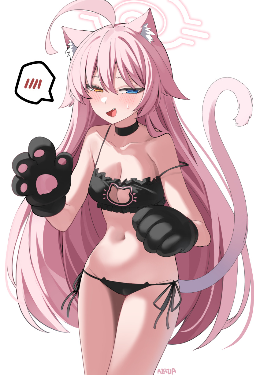 1girl absurdres ahoge animal_ear_fluff animal_ears animal_hands black_bra black_choker black_gloves black_panties blue_archive blue_eyes blush bra breasts cat_cutout cat_ears cat_lingerie cat_tail choker cleavage clothing_cutout collarbone cowboy_shot fang gloves hair_between_eyes halo highres hoshino_(blue_archive) lira long_hair meme_attire open_mouth panties paw_gloves pink_hair pink_halo signature simple_background small_breasts smile solo spoken_blush tail underwear white_background yellow_eyes