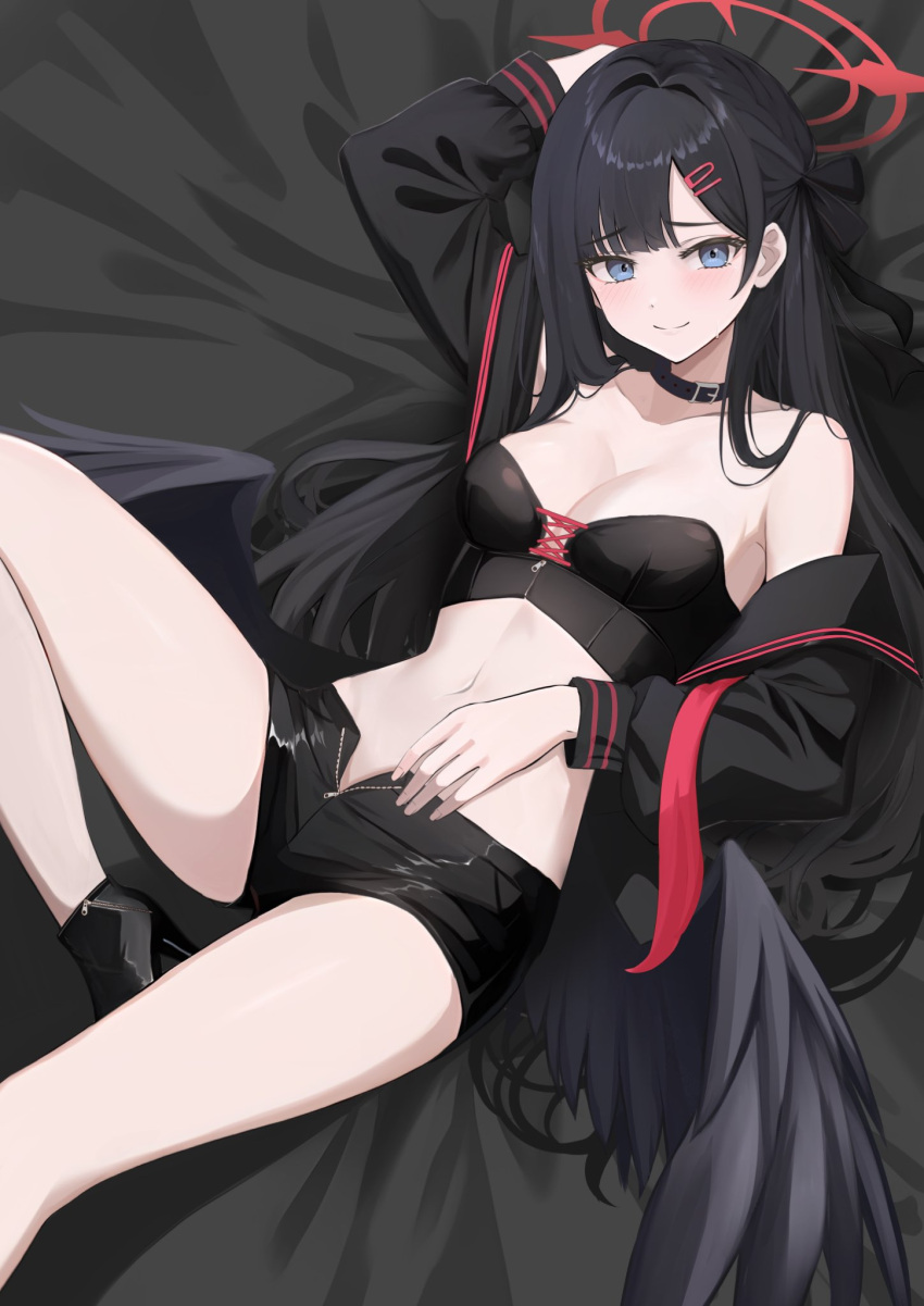 1girl alternate_costume bed_sheet black_choker black_footwear black_hair black_sailor_collar black_shirt black_socks black_tube_top black_wings blue_archive breasts choker cleavage closed_mouth commentary feathered_wings grey_eyes hair_intakes hair_ornament halo high_heels highres ichika_(blue_archive) knee_up latex_shorts long_hair looking_at_viewer low_wings lying medium_breasts midriff navel neckerchief on_back on_bed open_clothes open_fly open_shirt parted_bangs red_halo ryouta_(ryouta335) sailor_collar shirt short_shorts shorts single_bare_shoulder socks solo strapless tube_top undone_neckerchief wings