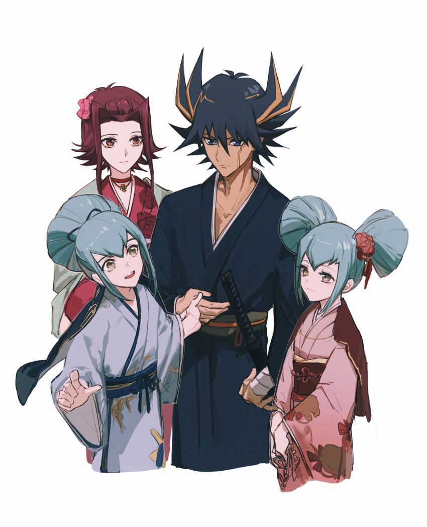 2boys 2girls age_difference alternate_costume alternate_universe bandaged_wrist bandages black_hair blue_capelet blue_eyes blue_kimono blue_ribbon bow brown_eyes capelet chinese_commentary choker commentary facial_mark floral_print floral_print_kimono flower fudou_yuusei gem grabbing_another's_hand green_gemstone green_hair green_sash hair_bow hair_flower hair_ornament hair_ribbon hand_on_own_stomach hand_up high_ponytail highres izayoi_aki japanese_clothes jewelry katana kimono light_smile looking_at_another lua_(yu-gi-oh!) luca_(yu-gi-oh!) multicolored_hair multiple_boys multiple_girls naoki_(2rzmcaizerails6) necklace own_hands_together parted_bangs pendant pink_bow pink_kimono pointing pointing_at_viewer red_capelet red_choker red_flower red_hair red_kimono red_sash ribbon sash scabbard sheath short_hair short_twintails simple_background spiked_hair standing streaked_hair sword twintails weapon white_background yu-gi-oh! yu-gi-oh!_5d's