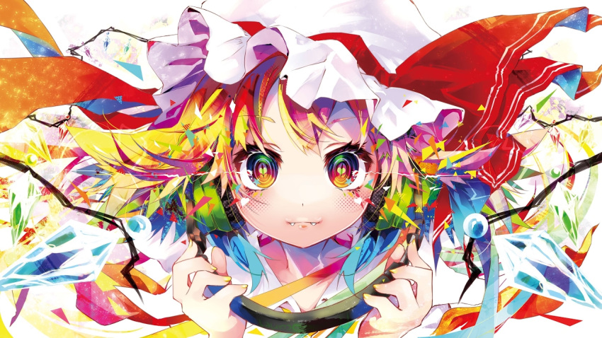 1girl :3 bangs blonde_hair blue_hair blush bow close-up collared_shirt colorful crystal dot_nose eyebrows_visible_through_hair eyelashes face fang fang_out fangs flandre_scarlet glowing glowing_eyes halftone hat hat_ribbon headphones heart heart_in_eye holding holding_headphones kamiya_yuu looking_at_viewer mob_cap multicolored multicolored_eyes multicolored_hair nail_polish red_bow red_hair red_ribbon ribbon shirt short_hair slit_pupils solo symbol_in_eye touhou triangle two-sided_fabric white_background white_shirt wings yellow_nails