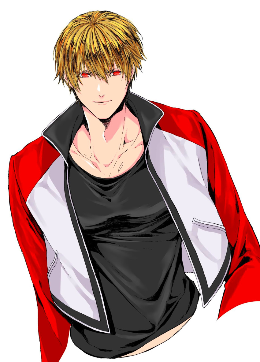 1boy blonde_hair highres jacket mark_of_the_wolves osakana_e red_eyes rock_howard short_hair solo upper_body white_background