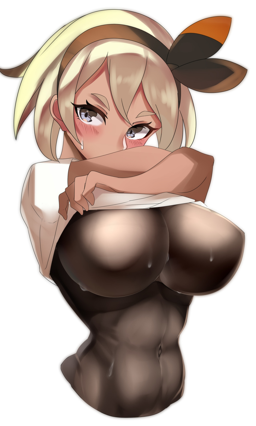 1girl absurdres alternate_breast_size bangs black_bodysuit black_hairband blonde_hair blush bodysuit bodysuit_under_clothes bow_hairband breasts commentary_request covered_navel grey_eyes gym_leader hairband highres large_breasts pokemon pokemon_(game) pokemon_swsh saitou_(pokemon) shirt shirt_lift short_hair short_sleeves simple_background solo sweat tea_texiamato undressing white_background