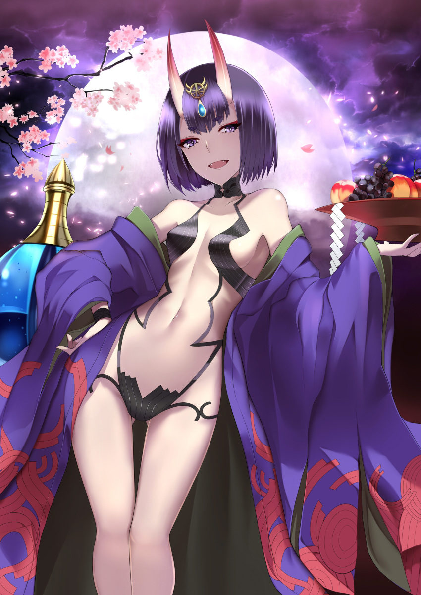 1girl absurdres ass_visible_through_thighs bangs breasts cherry_blossoms collarbone cup eyeshadow fangs fate/grand_order fate_(series) food fruit full_moon hand_on_hip headpiece highres horns japanese_clothes legs looking_at_viewer makeup moon navel night oni oni_horns open_mouth petals purple_eyes purple_hair revealing_clothes sakazuki shide shiguru short_eyebrows short_hair shuten_douji_(fate/grand_order) skin-covered_horns small_breasts smile solo standing thigh_gap