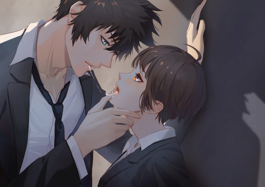 black_hair blue_eyes brown_eyes brown_hair catcan kiss kougami_shinya male possible_duplicate psycho-pass short_hair third-party_edit tie tsunemori_akane