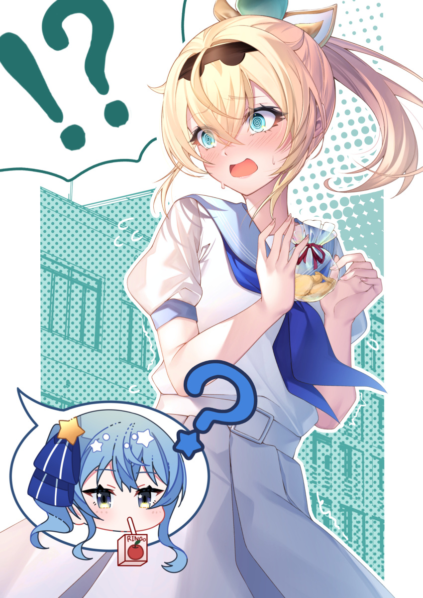 !? 2girls ? @_@ blonde_hair blue_eyes commentary_request cookie drinking food green_eyes hair_ornament hair_ribbon head_only highres holohoneygaoka_high_school_uniform holohoneygaoka_koukou hololive honeyworks hoshimachi_suisei juice_box kazama_iroha leaf_hair_ornament multiple_girls open_mouth ponytail ribbon school school_uniform serafuku star_(symbol) star_hair_ornament takuro_(taku3949) virtual_youtuber white_serafuku