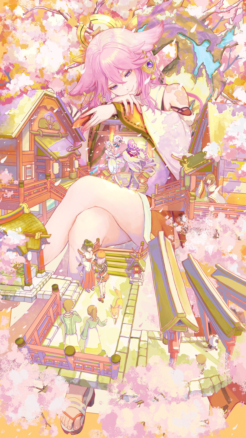 2boys 6+girls absurdres animal_ear_piercing animal_ears bare_shoulders charlotte_(genshin_impact) cherry_blossoms closed_mouth crossed_legs cup detached_sleeves fox fox_ears genshin_impact giant giantess hair_ornament highres holding holding_cup inagi_hotomi japanese_clothes kano_nana long_hair lumine_(genshin_impact) miko multiple_boys multiple_girls nakauma no_socks paimon_(genshin_impact) pink_hair pink_nails raiden_shogun sakazuki sandals sayu_(genshin_impact) shrine sitting smile toes torii wide_sleeves yae_miko