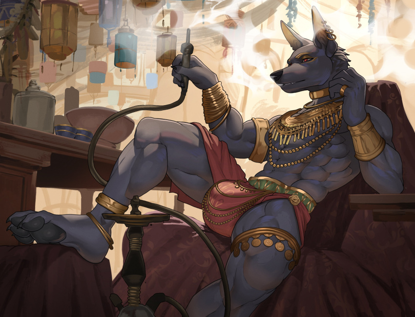 anthro anubian anubian_jackal black_claws black_pawpads bong bulge canid canine canis claws clothing drugs ear_piercing hi_res hookah idrysse3 jackal male mammal muscular muscular_anthro muscular_male pawpads piercing solo underwear