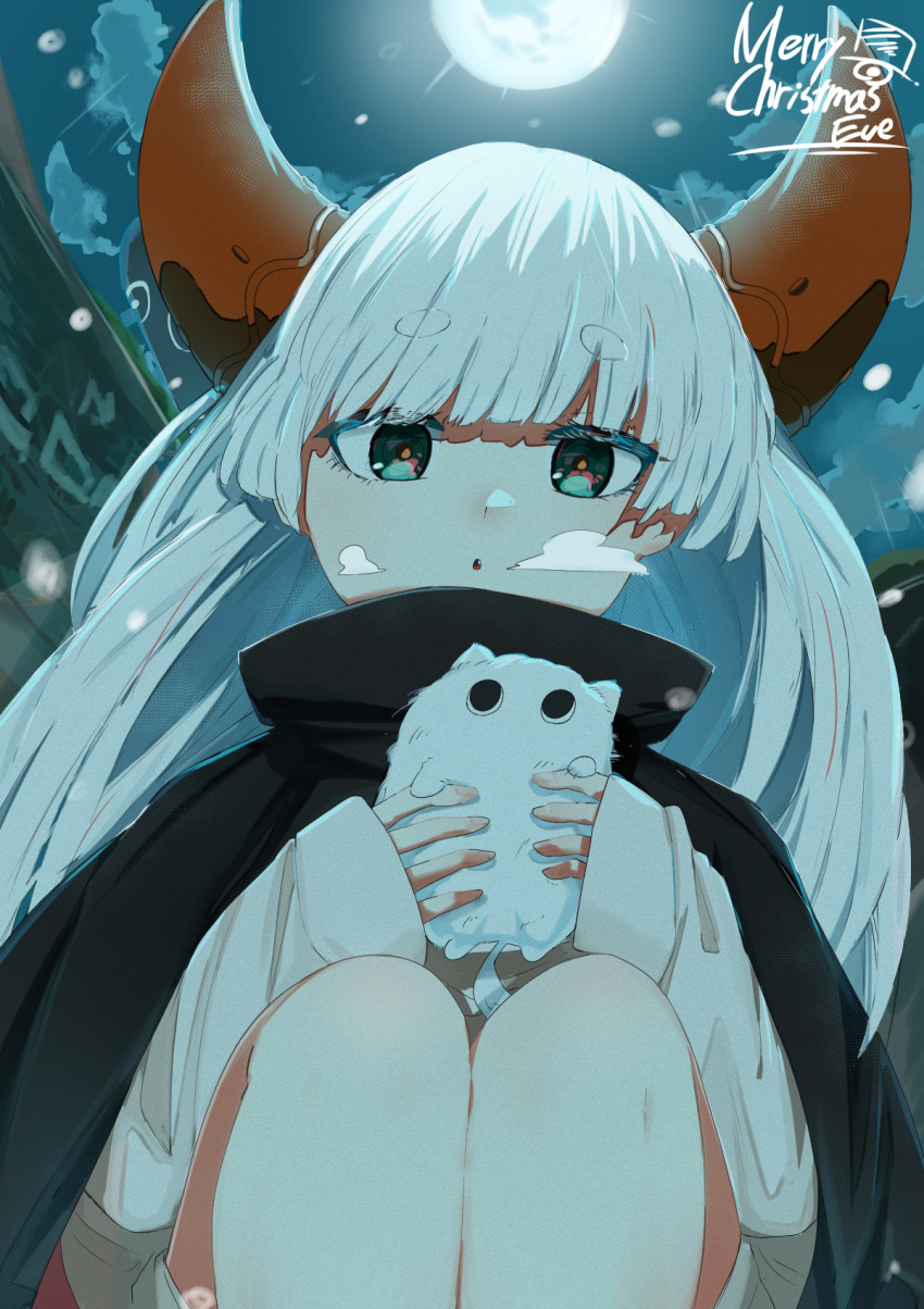 1girl animal black_cloak blue_eyes breath cloak english_text eve_(utaite) full_moon high_collar highres holding holding_animal horns indie_utaite long_hair long_sleeves looking_at_viewer merry_christmas moon night outdoors shirt short_eyebrows sleeves_past_wrists snowing solo squatting thick_eyebrows white_hair white_shirt yuindesu