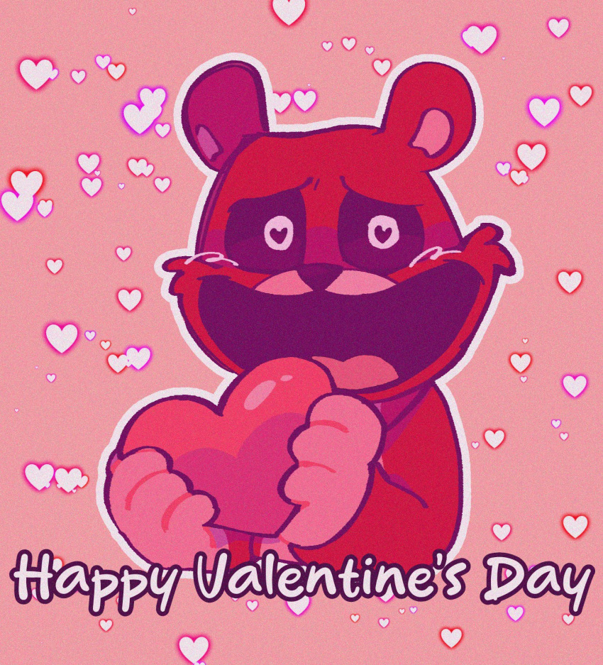 anthro bear blush bobby_bearhug bonnie_kuro english_text female heart_eyes heart_symbol hi_res holding_heart holidays looking_at_viewer mammal open_mouth open_smile poppy_playtime simple_background smile smiling_critters solo text tongue valentine's_day