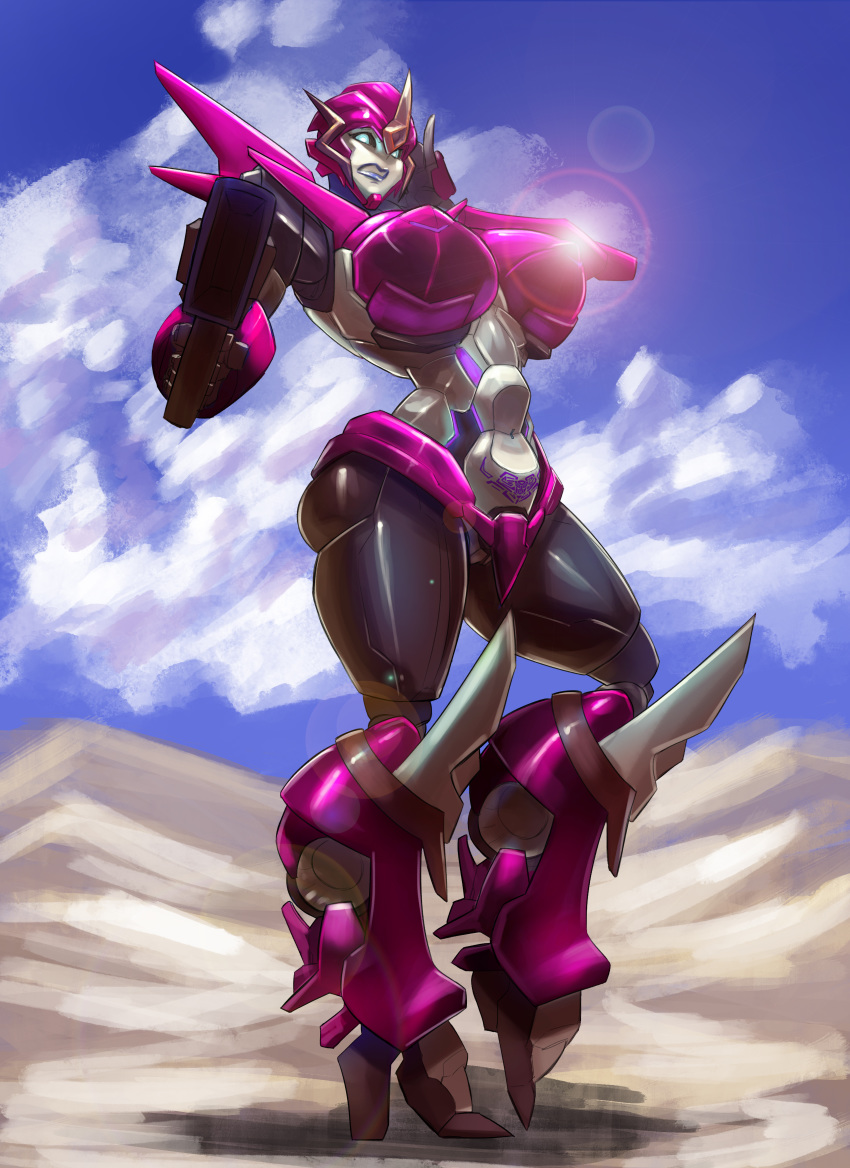 1girl absurdres aiming_at_viewer alternate_color arcee autobot blue_eyes breasts clenched_teeth commission cosmikaizer english_commentary gun hand_behind_head handgun highres holding holding_gun holding_weapon large_breasts lens_flare no_humans pistol pubic_tattoo solo tattoo teeth transformers transformers_prime weapon