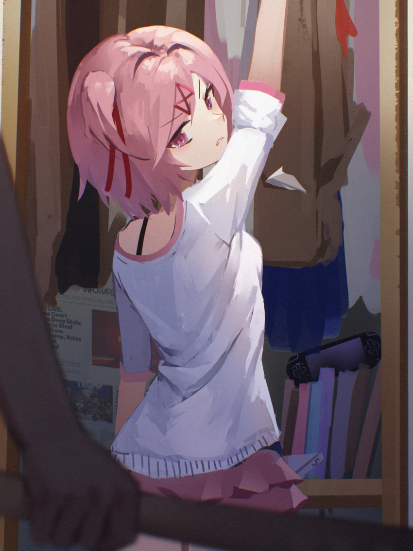 1girl 1other arm_at_side baseball_bat blazer blue_skirt blurry blurry_foreground bob_cut book bow bowtie bra_strap breasts brown_jacket closet commentary cowboy_shot danraz0r doki_doki_literature_club english_commentary frilled_skirt frills from_behind frown hair_intakes hair_ornament hair_ribbon handheld_game_console highres holding holding_baseball_bat indoors jacket looking_at_viewer looking_back natsuki_(doki_doki_literature_club) newspaper off-shoulder_shirt off_shoulder parted_lips pink_eyes pink_hair pink_skirt playstation_portable pov pov_hands reaching red_bow red_bowtie red_ribbon ribbon school_uniform shirt short_hair short_sleeves single_bare_shoulder skirt small_breasts solo_focus standing swept_bangs threat two_side_up unhappy unworn_bowtie unworn_jacket unworn_shirt unworn_skirt v-shaped_eyebrows white_shirt x_hair_ornament