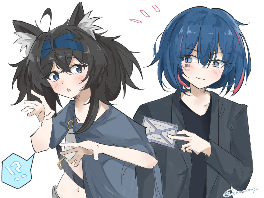 !? 2girls ^^^ animal_ear_fluff animal_ears barcode barcode_tattoo black_hair black_shirt blue_cape blue_hair blue_headband blush cape card chestnut_mouth collarbone crop_top enunomiya headband highres holding holding_card long_sleeves medium_hair messy_hair multicolored_hair multiple_girls navel o-ring original pink_hair shirt sideways_glance simple_background smile spread_fingers streaked_hair tattoo twitter_username upper_body white_background white_shirt wolf_ears