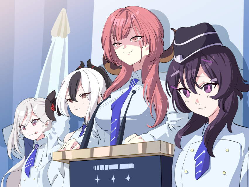 4girls absurdres alternate_costume aru_(blue_archive) bazz000033 black_hair blue_archive blue_necktie demon_girl demon_horns earrings haruka_(blue_archive) highres horns jewelry kayoko_(blue_archive) long_hair microphone multicolored_hair multiple_girls mutsuki_(blue_archive) necktie no_halo podium pointy_ears problem_solver_68_(blue_archive) purple_hair red_hair short_hair tongue tongue_out white_hair