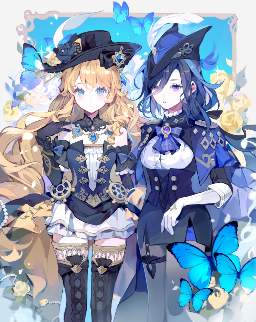 2girls absurdres ascot bare_shoulders black_bow black_collar black_corset black_dress black_flower black_gloves black_headwear black_rose black_thighhighs blonde_hair blue_ascot blue_bow blue_bowtie blue_butterfly blue_cape blue_eyes blue_flower blue_gemstone blue_hair blue_headwear blue_rose bow bowtie brooch bug butterfly cape clorinde_(genshin_impact) closed_mouth collar commentary_request corset dark_blue_hair dress drill_hair epaulettes flower fold-over_gloves framed_breasts gem genshin_impact gloves grey_pantyhose hand_on_own_shoulder hand_up hat hat_bow hat_feather hat_flower highres jewelry long_hair looking_at_viewer multiple_girls nanaco_(nana11jellyfish) navia_(genshin_impact) open_mouth pantyhose pearl_(gemstone) purple_eyes rose skirt smile strapless strapless_dress thighhighs tricorne two-tone_headwear very_long_hair white_gloves white_skirt yellow_flower