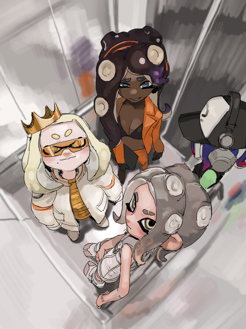 +_+ 1other 3girls acht_(splatoon) agent_8_(splatoon) androgynous baseball_cap black_bra black_dress black_gloves blonde_hair bob_cut boots bra breasts brown_hair cephalopod_eyes cleavage colored_skin computer crown dark-skinned_female dark_skin dedf1sh dray_(meerkat_dray) dress elevator elevator_door eyebrow_cut facing_ahead facing_to_the_side fingerless_gloves from_above gloves gradient_hair green_skin grey_hair hat headphones highres holding holding_laptop jacket laptop large_forehead long_sleeves looking_at_viewer looking_up marina_(splatoon) midriff multicolored_hair multiple_girls obscured_face octoling_girl octoling_player_character open_clothes open_shirt orange-tinted_eyewear orange_jacket orange_pants pants pearl_(splatoon) puffy_long_sleeves puffy_sleeves purple_hair red_hair reflection sanitized_(splatoon) sequins shiny_skin smile splatoon_(series) splatoon_2 splatoon_3 splatoon_3:_side_order standing suction_cups suit sunglasses tentacle_hair tinted_eyewear two-tone_hair underwear very_dark_skin white_footwear white_hair white_jacket white_suit yellow_dress