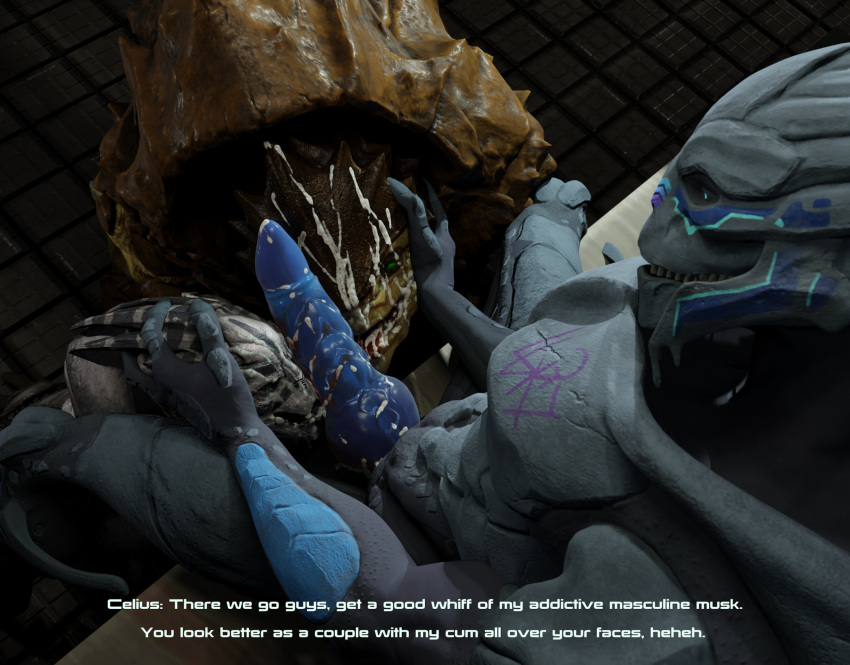 alien ambiguous_gender bodily_fluids celius_acillion cheap-wazoo cum cum_on_face cum_on_penis dialogue english_text genital_fluids genitals group hi_res high-angle_view knot krogan licking male male/male mass_effect open_mouth oral penile penis penis_lick sex sitting text tongue tongue_out trio turian