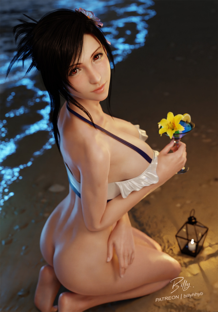 1girl 3d ass beach bikini bikini_top_only billyhhyb black_hair bottomless breasts cocktail_glass cup drinking_glass final_fantasy final_fantasy_vii final_fantasy_vii_rebirth final_fantasy_vii_remake flower frilled_bikini frills hair_flower hair_ornament highres huge_breasts lantern looking_at_viewer looking_back official_alternate_costume official_alternate_hairstyle smile swimsuit tifa_lockhart water