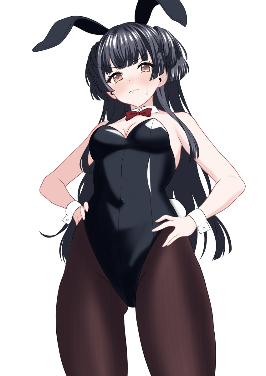 1girl alternate_costume animal_ear_hairband animal_ears arothir_illust1 ass_visible_through_thighs black_hair black_leotard black_pantyhose blush bow bowtie breasts cleavage commentary_request detached_collar fake_animal_ears hairband hands_on_own_hips highres idolmaster idolmaster_shiny_colors leotard long_hair looking_at_viewer mayuzumi_fuyuko nose_blush pantyhose playboy_bunny rabbit_ear_hairband rabbit_ears red_bow red_bowtie simple_background small_breasts solo strapless strapless_leotard very_long_hair white_background wrist_cuffs