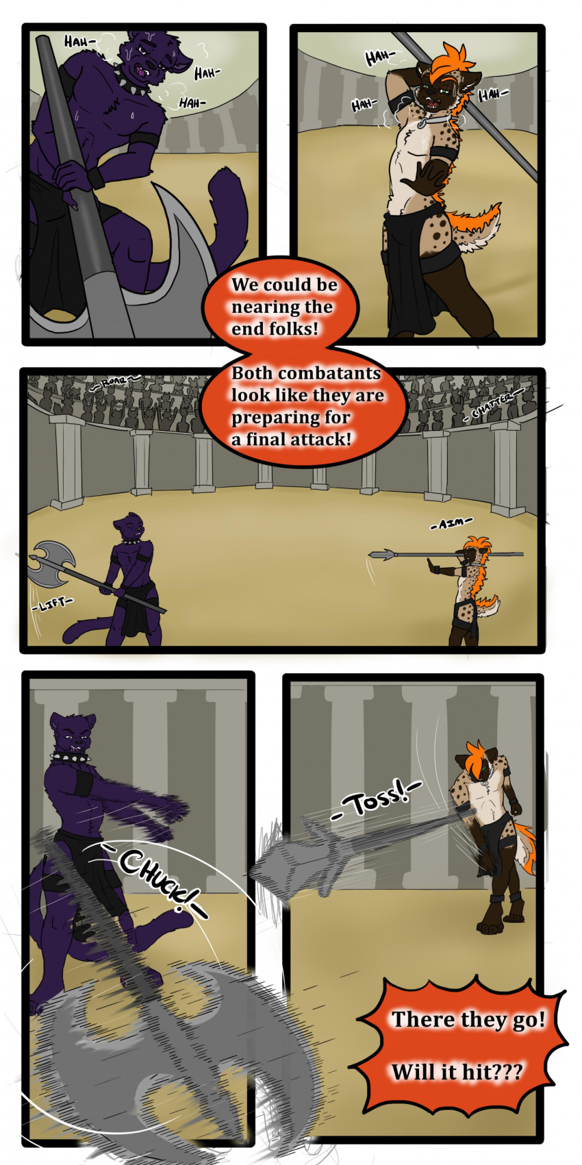 absurd_res announcer anthro arena axe bottomwear clothing collar comic cuffs_(clothing) double_axe duo english_text exhausted felid fight group havoc_(tatsuchan18) hi_res holding_melee_weapon holding_object holding_weapon hyena loincloth male mammal markings melee_weapon pantherine polearm spear speech_bubble spiked_collar spikes sport tatsuchan18 text throwing_weapon weapon