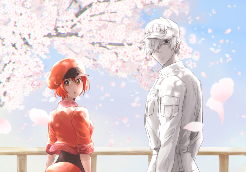 1boy 1girl :o ae-3803 ahoge arms_at_sides baseball_cap black_eyes black_shirt blue_sky breast_pocket breasts brown_eyes cabbie_hat cherry_blossoms clothes_writing collared_shirt commentary_request couple cropped_jacket empty_eyes expressionless falling_petals fanny_pack hair_between_eyes hair_over_one_eye hat hataraku_saibou height_difference highres jacket long_sleeves looking_at_viewer looking_back medium_breasts n_yukiura outdoors pale_skin parted_lips petals pink_petals pocket railing red_blood_cell_(hataraku_saibou) red_headwear red_jacket shaded_face shirt short_hair short_sleeves sky spring_(season) t-shirt tree u-1146 uniform upper_body white_blood_cell_(hataraku_saibou) white_hair white_headwear white_shirt