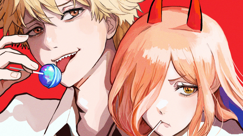 1boy 1girl absurdres blonde_hair candy chainsaw_man chupa_chups collared_shirt denji_(chainsaw_man) food food_in_mouth hair_over_one_eye highres holding holding_candy holding_food holding_lollipop horns licking lollipop long_bangs long_hair mouth_hold nakauma parted_bangs power_(chainsaw_man) red_background sharp_teeth shirt short_hair symbol-shaped_pupils teeth tongue tongue_out upper_teeth_only white_shirt yellow_eyes