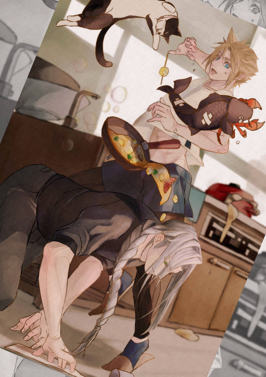 2boys all_fours alternate_costume alternate_hairstyle arm_up bandaid black_leggings black_pants black_shirt blonde_hair blue_eyes blue_shorts blue_socks braid bubble cat cleaning cloud_strife commentary_request cooking crab cupboard day dropped_food dropping dutch_angle falling final_fantasy final_fantasy_vii fish food frying_pan full_body grey_hair hair_over_shoulder highres imminent_injury indoors jumping kitchen kneeling leggings long_bangs long_hair looking_down male_focus messy midriff_peek multiple_boys muscular muscular_male open_mouth pants plate sephiroth shirt short_hair shorts single_braid sink sleeves_rolled_up slippers socks solo spiked_hair standing stove sweatdrop white_shirt yakinik10790100