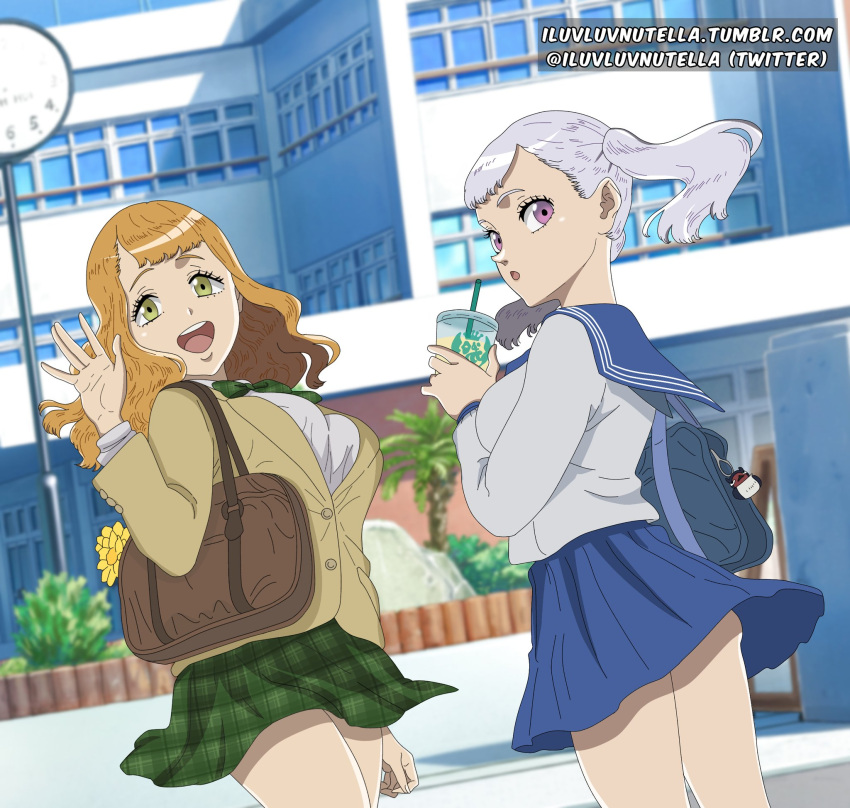2girls alternate_costume artist_name bag black_clover blue_skirt bow bowtie brown_bag brown_hair brown_jacket cup day disposable_cup drinking_straw green_bow green_bowtie green_eyes green_skirt grey_hair highres holding holding_cup iluvluvnutella jacket looking_at_viewer looking_back medium_hair mimosa_vermillion multiple_girls noelle_silva open_mouth orange_hair outdoors pink_eyes plaid plaid_skirt pleated_skirt school school_bag school_uniform shirt short_twintails skirt teeth tumblr_username twintails twitter_username upper_teeth_only web_address white_shirt