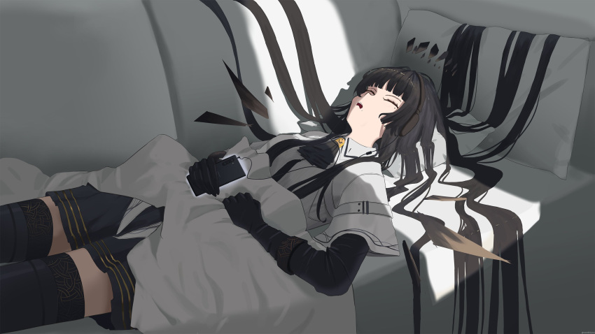 1girl arknights ascot black_ascot black_gloves black_hair black_skirt black_thighhighs blunt_bangs closed_eyes couch cowboy_shot day elbow_gloves gloves hair_spread_out headphones highres indoors jacket legs_apart listening_to_music long_hair long_sleeves lying miniskirt northkiyou on_back open_mouth pillow pleated_skirt screen_light shadow skirt sleeping solo straight_hair thighhighs very_long_hair virtuosa_(arknights) white_jacket wings zettai_ryouiki