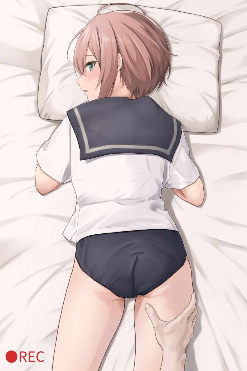 1boy 1girl absurdres ahoge ass bed_sheet blush bob_cut buruma from_above green_eyes head_on_pillow highres looking_at_viewer looking_back lying massage migita_(hirayuaki) on_stomach open_mouth original pillow pink_hair recording sailor_collar school_uniform serafuku short_hair solo_focus